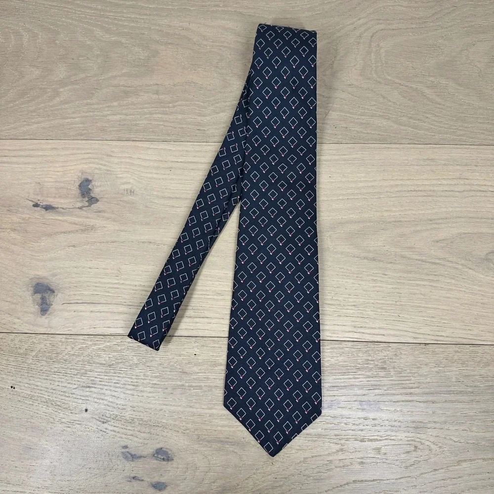 Christian Dior Cravates Tie Navy Blue Silk Geometric Print Vintage Designer
